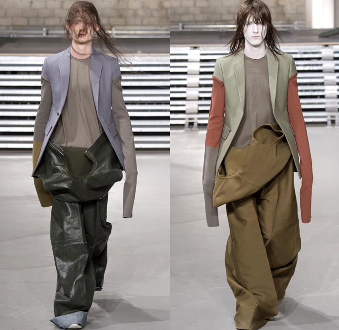 Rick Owens 2017-2018 Fall Autumn Winter Mens Runway Show Catwalk Looks - Mode à Paris Fashion Week Mode Masculine France - Glitter Bulb Twist Pillow Volume Strapped Sculptural Soft Fluffy Outerwear Coat Parka Poncho Cloak Cape Stripes Quilted Waffle Puffer Down Jacket Elongated Sleeves Vest Waistcoat Colorblock Asymmetrical Hem One Sided Duffle Side Pocket Jacket Bag Drapery Leather Sweater Jumper Tied Up Restrained Wrap Bound Sleeping Bag Nylon Waxed Coated Denim Jeans Frayed Raw Hem Wide Leg Trousers Creases Wrinkles Belt Bag Cargo Pockets Hair Net Mesh