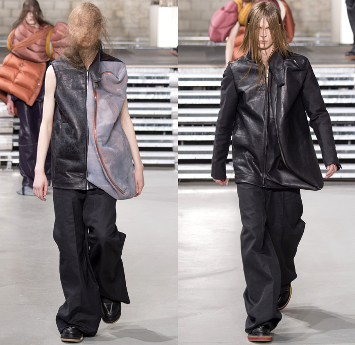 Rick Owens 2017-2018 Fall Autumn Winter Mens Runway Show Catwalk Looks - Mode à Paris Fashion Week Mode Masculine France - Glitter Bulb Twist Pillow Volume Strapped Sculptural Soft Fluffy Outerwear Coat Parka Poncho Cloak Cape Stripes Quilted Waffle Puffer Down Jacket Elongated Sleeves Vest Waistcoat Colorblock Asymmetrical Hem One Sided Duffle Side Pocket Jacket Bag Drapery Leather Sweater Jumper Tied Up Restrained Wrap Bound Sleeping Bag Nylon Waxed Coated Denim Jeans Frayed Raw Hem Wide Leg Trousers Creases Wrinkles Belt Bag Cargo Pockets Hair Net Mesh