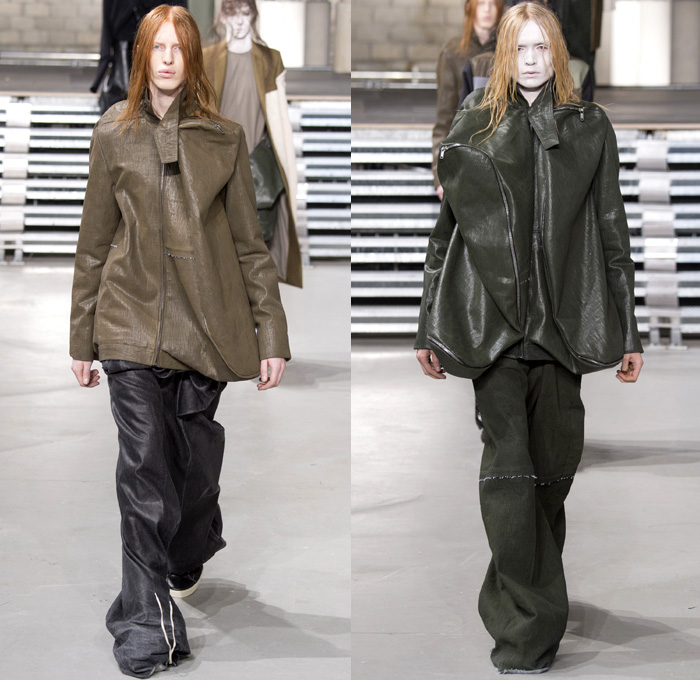 Rick Owens 2017-2018 Fall Autumn Winter Mens Runway Show Catwalk Looks - Mode à Paris Fashion Week Mode Masculine France - Glitter Bulb Twist Pillow Volume Strapped Sculptural Soft Fluffy Outerwear Coat Parka Poncho Cloak Cape Stripes Quilted Waffle Puffer Down Jacket Elongated Sleeves Vest Waistcoat Colorblock Asymmetrical Hem One Sided Duffle Side Pocket Jacket Bag Drapery Leather Sweater Jumper Tied Up Restrained Wrap Bound Sleeping Bag Nylon Waxed Coated Denim Jeans Frayed Raw Hem Wide Leg Trousers Creases Wrinkles Belt Bag Cargo Pockets Hair Net Mesh