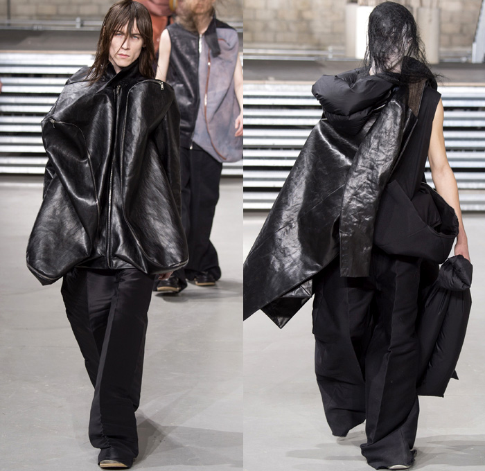 Rick Owens 2017-2018 Fall Autumn Winter Mens Runway Show Catwalk Looks - Mode à Paris Fashion Week Mode Masculine France - Glitter Bulb Twist Pillow Volume Strapped Sculptural Soft Fluffy Outerwear Coat Parka Poncho Cloak Cape Stripes Quilted Waffle Puffer Down Jacket Elongated Sleeves Vest Waistcoat Colorblock Asymmetrical Hem One Sided Duffle Side Pocket Jacket Bag Drapery Leather Sweater Jumper Tied Up Restrained Wrap Bound Sleeping Bag Nylon Waxed Coated Denim Jeans Frayed Raw Hem Wide Leg Trousers Creases Wrinkles Belt Bag Cargo Pockets Hair Net Mesh