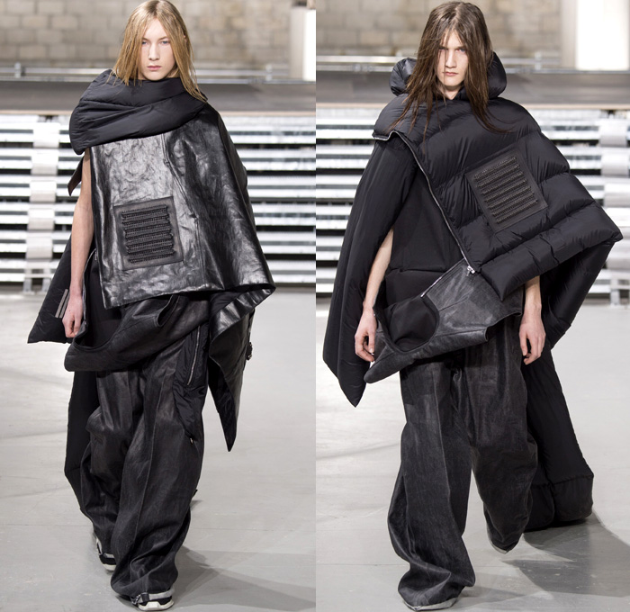 Rick Owens 2017-2018 Fall Autumn Winter Mens Runway Show Catwalk Looks - Mode à Paris Fashion Week Mode Masculine France - Glitter Bulb Twist Pillow Volume Strapped Sculptural Soft Fluffy Outerwear Coat Parka Poncho Cloak Cape Stripes Quilted Waffle Puffer Down Jacket Elongated Sleeves Vest Waistcoat Colorblock Asymmetrical Hem One Sided Duffle Side Pocket Jacket Bag Drapery Leather Sweater Jumper Tied Up Restrained Wrap Bound Sleeping Bag Nylon Waxed Coated Denim Jeans Frayed Raw Hem Wide Leg Trousers Creases Wrinkles Belt Bag Cargo Pockets Hair Net Mesh