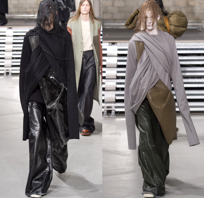 Rick Owens 2017-2018 Fall Autumn Winter Mens Runway Show Catwalk Looks - Mode à Paris Fashion Week Mode Masculine France - Glitter Bulb Twist Pillow Volume Strapped Sculptural Soft Fluffy Outerwear Coat Parka Poncho Cloak Cape Stripes Quilted Waffle Puffer Down Jacket Elongated Sleeves Vest Waistcoat Colorblock Asymmetrical Hem One Sided Duffle Side Pocket Jacket Bag Drapery Leather Sweater Jumper Tied Up Restrained Wrap Bound Sleeping Bag Nylon Waxed Coated Denim Jeans Frayed Raw Hem Wide Leg Trousers Creases Wrinkles Belt Bag Cargo Pockets Hair Net Mesh