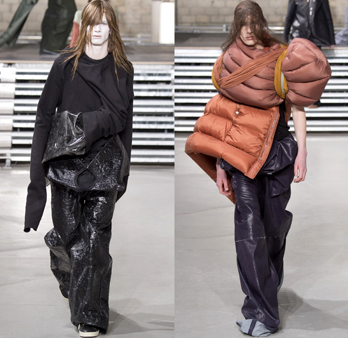 Rick Owens 2017-2018 Fall Autumn Winter Mens Runway Show Catwalk Looks - Mode à Paris Fashion Week Mode Masculine France - Glitter Bulb Twist Pillow Volume Strapped Sculptural Soft Fluffy Outerwear Coat Parka Poncho Cloak Cape Stripes Quilted Waffle Puffer Down Jacket Elongated Sleeves Vest Waistcoat Colorblock Asymmetrical Hem One Sided Duffle Side Pocket Jacket Bag Drapery Leather Sweater Jumper Tied Up Restrained Wrap Bound Sleeping Bag Nylon Waxed Coated Denim Jeans Frayed Raw Hem Wide Leg Trousers Creases Wrinkles Belt Bag Cargo Pockets Hair Net Mesh