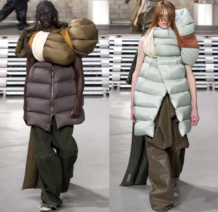 Rick Owens 2017-2018 Fall Autumn Winter Mens Runway Show Catwalk Looks - Mode à Paris Fashion Week Mode Masculine France - Glitter Bulb Twist Pillow Volume Strapped Sculptural Soft Fluffy Outerwear Coat Parka Poncho Cloak Cape Stripes Quilted Waffle Puffer Down Jacket Elongated Sleeves Vest Waistcoat Colorblock Asymmetrical Hem One Sided Duffle Side Pocket Jacket Bag Drapery Leather Sweater Jumper Tied Up Restrained Wrap Bound Sleeping Bag Nylon Waxed Coated Denim Jeans Frayed Raw Hem Wide Leg Trousers Creases Wrinkles Belt Bag Cargo Pockets Hair Net Mesh