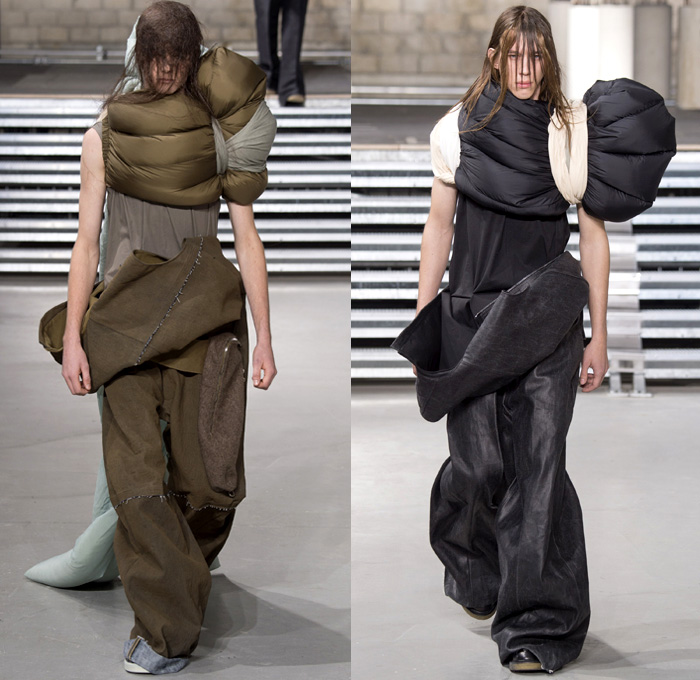 Rick Owens 2017-2018 Fall Autumn Winter Mens Runway Show Catwalk Looks - Mode à Paris Fashion Week Mode Masculine France - Glitter Bulb Twist Pillow Volume Strapped Sculptural Soft Fluffy Outerwear Coat Parka Poncho Cloak Cape Stripes Quilted Waffle Puffer Down Jacket Elongated Sleeves Vest Waistcoat Colorblock Asymmetrical Hem One Sided Duffle Side Pocket Jacket Bag Drapery Leather Sweater Jumper Tied Up Restrained Wrap Bound Sleeping Bag Nylon Waxed Coated Denim Jeans Frayed Raw Hem Wide Leg Trousers Creases Wrinkles Belt Bag Cargo Pockets Hair Net Mesh