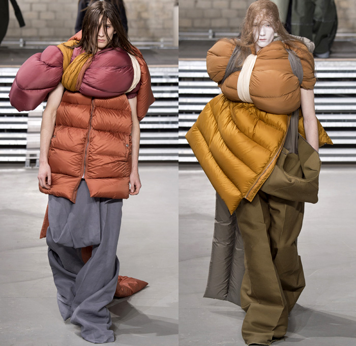 Rick Owens 2017-2018 Fall Autumn Winter Mens Runway Show Catwalk Looks - Mode à Paris Fashion Week Mode Masculine France - Glitter Bulb Twist Pillow Volume Strapped Sculptural Soft Fluffy Outerwear Coat Parka Poncho Cloak Cape Stripes Quilted Waffle Puffer Down Jacket Elongated Sleeves Vest Waistcoat Colorblock Asymmetrical Hem One Sided Duffle Side Pocket Jacket Bag Drapery Leather Sweater Jumper Tied Up Restrained Wrap Bound Sleeping Bag Nylon Waxed Coated Denim Jeans Frayed Raw Hem Wide Leg Trousers Creases Wrinkles Belt Bag Cargo Pockets Hair Net Mesh