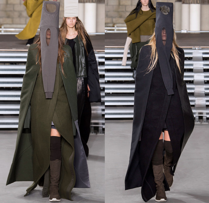 Rick Owens 2017-2018 Fall Autumn Winter Womens Runway Catwalk Looks - Mode à Paris Fashion Week Mode Féminin France - Sweater Jumper Pullover Sleeve Headwear Lantern Head Leather Wool Oversized Outerwear Overcoat Robe Kimono Wrap Tie Up Patchwork Colorblock One Shoulder Elongated Sleeves Drapery Deconstructed Organic Shape Sculptural Twisted Fleece Cocoon Frankenstein Shoulders Bloated Droopy Saggy Panel Duffel Bag Bulb Twist Pillow Quilted Waffle Puffer Down Coat Cape Blanket Cloak Above The Knee Suede Boots Skirt Frock Leg Warmers