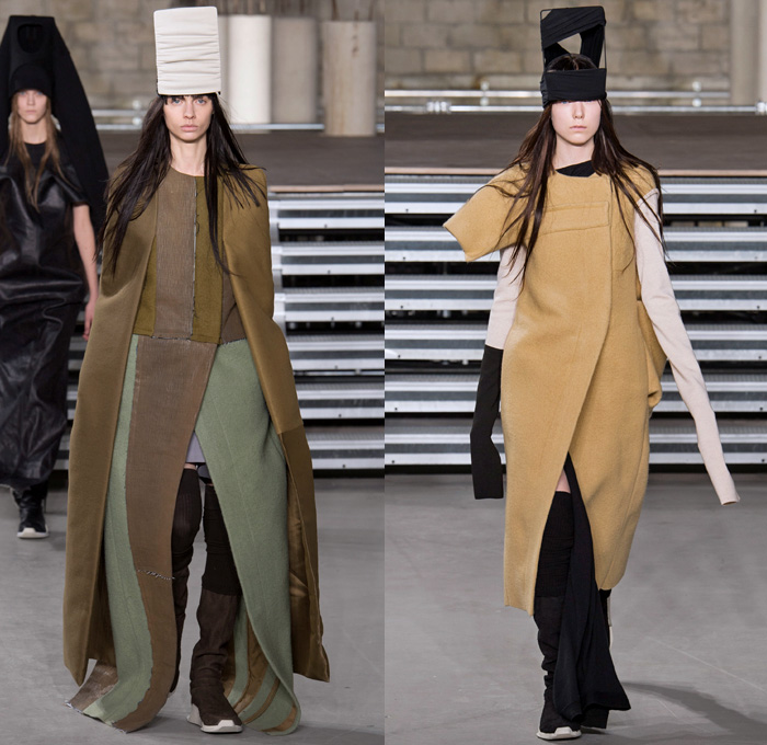 Rick Owens 2017-2018 Fall Autumn Winter Womens Runway Catwalk Looks - Mode à Paris Fashion Week Mode Féminin France - Sweater Jumper Pullover Sleeve Headwear Lantern Head Leather Wool Oversized Outerwear Overcoat Robe Kimono Wrap Tie Up Patchwork Colorblock One Shoulder Elongated Sleeves Drapery Deconstructed Organic Shape Sculptural Twisted Fleece Cocoon Frankenstein Shoulders Bloated Droopy Saggy Panel Duffel Bag Bulb Twist Pillow Quilted Waffle Puffer Down Coat Cape Blanket Cloak Above The Knee Suede Boots Skirt Frock Leg Warmers