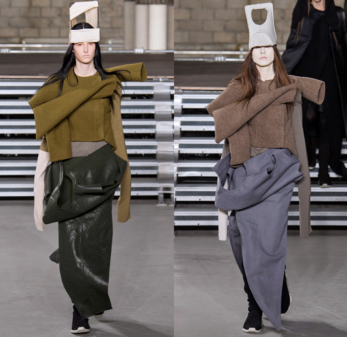 Rick Owens 2017-2018 Fall Autumn Winter Womens Runway Catwalk Looks - Mode à Paris Fashion Week Mode Féminin France - Sweater Jumper Pullover Sleeve Headwear Lantern Head Leather Wool Oversized Outerwear Overcoat Robe Kimono Wrap Tie Up Patchwork Colorblock One Shoulder Elongated Sleeves Drapery Deconstructed Organic Shape Sculptural Twisted Fleece Cocoon Frankenstein Shoulders Bloated Droopy Saggy Panel Duffel Bag Bulb Twist Pillow Quilted Waffle Puffer Down Coat Cape Blanket Cloak Above The Knee Suede Boots Skirt Frock Leg Warmers