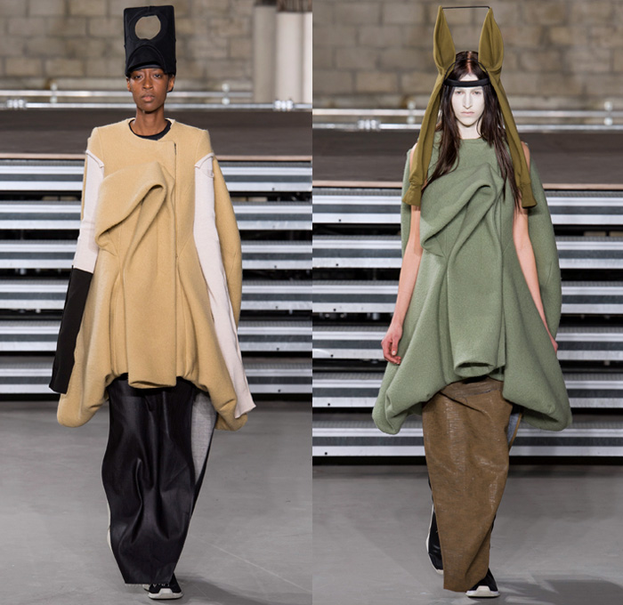 Rick Owens 2017-2018 Fall Autumn Winter Womens Runway Catwalk Looks - Mode à Paris Fashion Week Mode Féminin France - Sweater Jumper Pullover Sleeve Headwear Lantern Head Leather Wool Oversized Outerwear Overcoat Robe Kimono Wrap Tie Up Patchwork Colorblock One Shoulder Elongated Sleeves Drapery Deconstructed Organic Shape Sculptural Twisted Fleece Cocoon Frankenstein Shoulders Bloated Droopy Saggy Panel Duffel Bag Bulb Twist Pillow Quilted Waffle Puffer Down Coat Cape Blanket Cloak Above The Knee Suede Boots Skirt Frock Leg Warmers