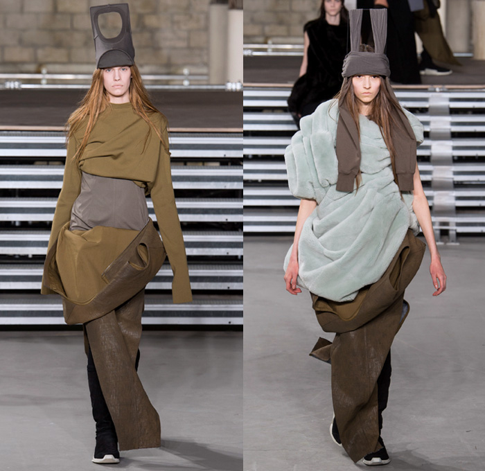 Rick Owens 2017-2018 Fall Autumn Winter Womens Runway Catwalk Looks - Mode à Paris Fashion Week Mode Féminin France - Sweater Jumper Pullover Sleeve Headwear Lantern Head Leather Wool Oversized Outerwear Overcoat Robe Kimono Wrap Tie Up Patchwork Colorblock One Shoulder Elongated Sleeves Drapery Deconstructed Organic Shape Sculptural Twisted Fleece Cocoon Frankenstein Shoulders Bloated Droopy Saggy Panel Duffel Bag Bulb Twist Pillow Quilted Waffle Puffer Down Coat Cape Blanket Cloak Above The Knee Suede Boots Skirt Frock Leg Warmers