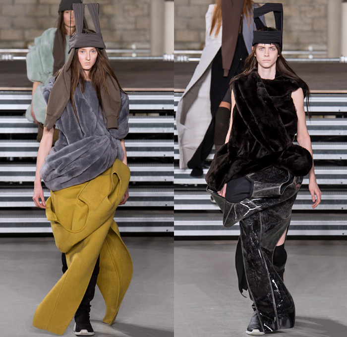 Rick Owens 2017-2018 Fall Autumn Winter Womens Runway Catwalk Looks - Mode à Paris Fashion Week Mode Féminin France - Sweater Jumper Pullover Sleeve Headwear Lantern Head Leather Wool Oversized Outerwear Overcoat Robe Kimono Wrap Tie Up Patchwork Colorblock One Shoulder Elongated Sleeves Drapery Deconstructed Organic Shape Sculptural Twisted Fleece Cocoon Frankenstein Shoulders Bloated Droopy Saggy Panel Duffel Bag Bulb Twist Pillow Quilted Waffle Puffer Down Coat Cape Blanket Cloak Above The Knee Suede Boots Skirt Frock Leg Warmers