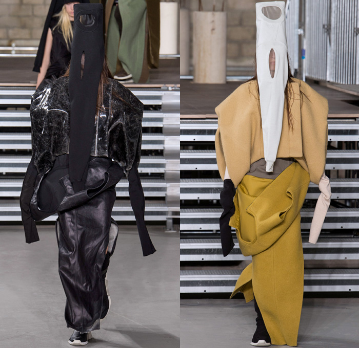 Rick Owens 2017-2018 Fall Autumn Winter Womens Runway Catwalk Looks - Mode à Paris Fashion Week Mode Féminin France - Sweater Jumper Pullover Sleeve Headwear Lantern Head Leather Wool Oversized Outerwear Overcoat Robe Kimono Wrap Tie Up Patchwork Colorblock One Shoulder Elongated Sleeves Drapery Deconstructed Organic Shape Sculptural Twisted Fleece Cocoon Frankenstein Shoulders Bloated Droopy Saggy Panel Duffel Bag Bulb Twist Pillow Quilted Waffle Puffer Down Coat Cape Blanket Cloak Above The Knee Suede Boots Skirt Frock Leg Warmers