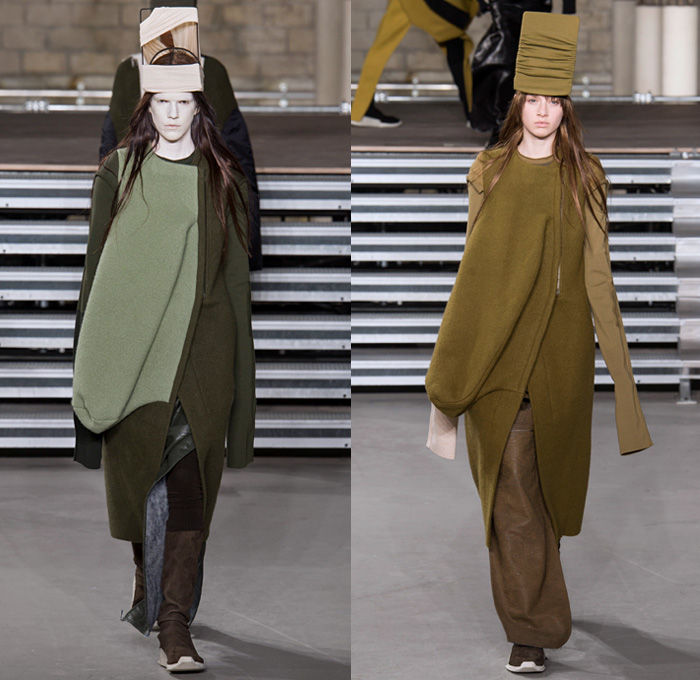 Rick Owens 2017-2018 Fall Autumn Winter Womens Runway Catwalk Looks - Mode à Paris Fashion Week Mode Féminin France - Sweater Jumper Pullover Sleeve Headwear Lantern Head Leather Wool Oversized Outerwear Overcoat Robe Kimono Wrap Tie Up Patchwork Colorblock One Shoulder Elongated Sleeves Drapery Deconstructed Organic Shape Sculptural Twisted Fleece Cocoon Frankenstein Shoulders Bloated Droopy Saggy Panel Duffel Bag Bulb Twist Pillow Quilted Waffle Puffer Down Coat Cape Blanket Cloak Above The Knee Suede Boots Skirt Frock Leg Warmers