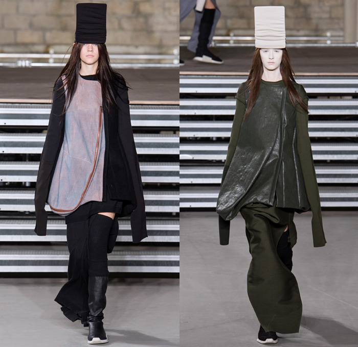 Rick Owens 2017-2018 Fall Autumn Winter Womens Runway Catwalk Looks - Mode à Paris Fashion Week Mode Féminin France - Sweater Jumper Pullover Sleeve Headwear Lantern Head Leather Wool Oversized Outerwear Overcoat Robe Kimono Wrap Tie Up Patchwork Colorblock One Shoulder Elongated Sleeves Drapery Deconstructed Organic Shape Sculptural Twisted Fleece Cocoon Frankenstein Shoulders Bloated Droopy Saggy Panel Duffel Bag Bulb Twist Pillow Quilted Waffle Puffer Down Coat Cape Blanket Cloak Above The Knee Suede Boots Skirt Frock Leg Warmers