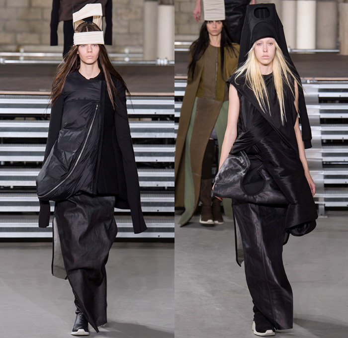 Rick Owens 2017-2018 Fall Autumn Winter Womens Runway Catwalk Looks - Mode à Paris Fashion Week Mode Féminin France - Sweater Jumper Pullover Sleeve Headwear Lantern Head Leather Wool Oversized Outerwear Overcoat Robe Kimono Wrap Tie Up Patchwork Colorblock One Shoulder Elongated Sleeves Drapery Deconstructed Organic Shape Sculptural Twisted Fleece Cocoon Frankenstein Shoulders Bloated Droopy Saggy Panel Duffel Bag Bulb Twist Pillow Quilted Waffle Puffer Down Coat Cape Blanket Cloak Above The Knee Suede Boots Skirt Frock Leg Warmers