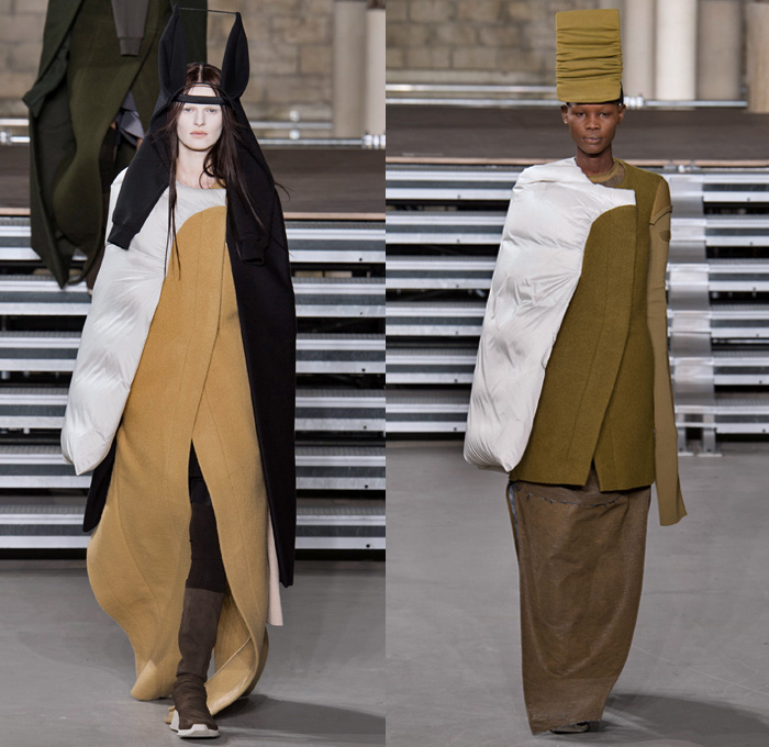 Rick Owens 2017-2018 Fall Autumn Winter Womens Runway Catwalk Looks - Mode à Paris Fashion Week Mode Féminin France - Sweater Jumper Pullover Sleeve Headwear Lantern Head Leather Wool Oversized Outerwear Overcoat Robe Kimono Wrap Tie Up Patchwork Colorblock One Shoulder Elongated Sleeves Drapery Deconstructed Organic Shape Sculptural Twisted Fleece Cocoon Frankenstein Shoulders Bloated Droopy Saggy Panel Duffel Bag Bulb Twist Pillow Quilted Waffle Puffer Down Coat Cape Blanket Cloak Above The Knee Suede Boots Skirt Frock Leg Warmers