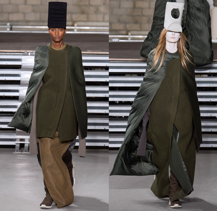 Rick Owens 2017-2018 Fall Autumn Winter Womens Runway Catwalk Looks - Mode à Paris Fashion Week Mode Féminin France - Sweater Jumper Pullover Sleeve Headwear Lantern Head Leather Wool Oversized Outerwear Overcoat Robe Kimono Wrap Tie Up Patchwork Colorblock One Shoulder Elongated Sleeves Drapery Deconstructed Organic Shape Sculptural Twisted Fleece Cocoon Frankenstein Shoulders Bloated Droopy Saggy Panel Duffel Bag Bulb Twist Pillow Quilted Waffle Puffer Down Coat Cape Blanket Cloak Above The Knee Suede Boots Skirt Frock Leg Warmers