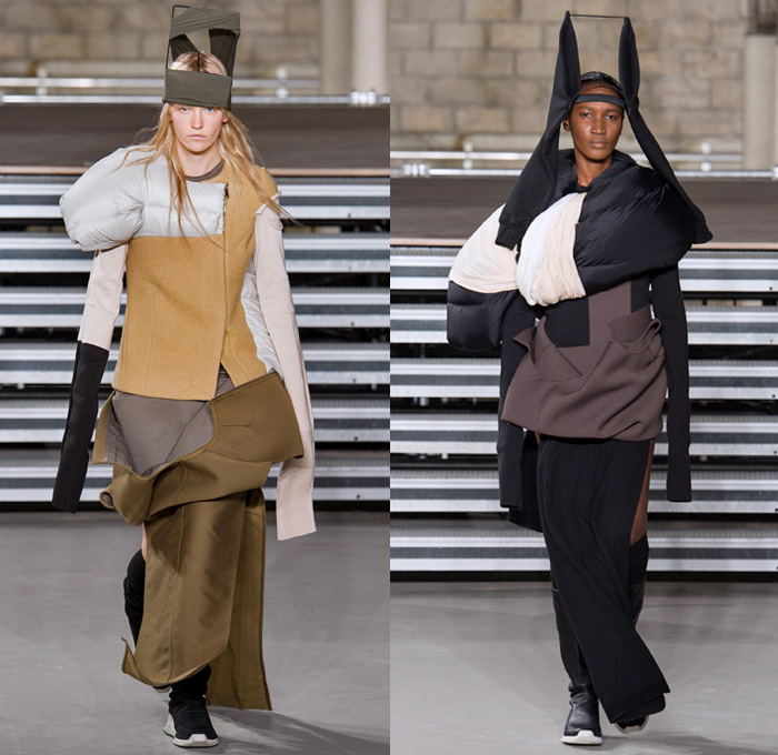 Rick Owens 2017-2018 Fall Autumn Winter Womens Runway Catwalk Looks - Mode à Paris Fashion Week Mode Féminin France - Sweater Jumper Pullover Sleeve Headwear Lantern Head Leather Wool Oversized Outerwear Overcoat Robe Kimono Wrap Tie Up Patchwork Colorblock One Shoulder Elongated Sleeves Drapery Deconstructed Organic Shape Sculptural Twisted Fleece Cocoon Frankenstein Shoulders Bloated Droopy Saggy Panel Duffel Bag Bulb Twist Pillow Quilted Waffle Puffer Down Coat Cape Blanket Cloak Above The Knee Suede Boots Skirt Frock Leg Warmers