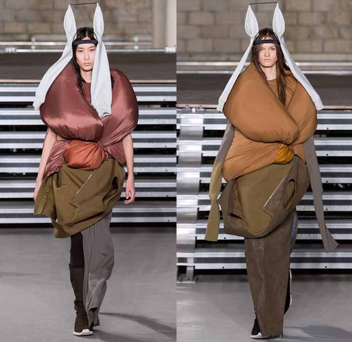 Rick Owens 2017-2018 Fall Autumn Winter Womens Runway Catwalk Looks - Mode à Paris Fashion Week Mode Féminin France - Sweater Jumper Pullover Sleeve Headwear Lantern Head Leather Wool Oversized Outerwear Overcoat Robe Kimono Wrap Tie Up Patchwork Colorblock One Shoulder Elongated Sleeves Drapery Deconstructed Organic Shape Sculptural Twisted Fleece Cocoon Frankenstein Shoulders Bloated Droopy Saggy Panel Duffel Bag Bulb Twist Pillow Quilted Waffle Puffer Down Coat Cape Blanket Cloak Above The Knee Suede Boots Skirt Frock Leg Warmers