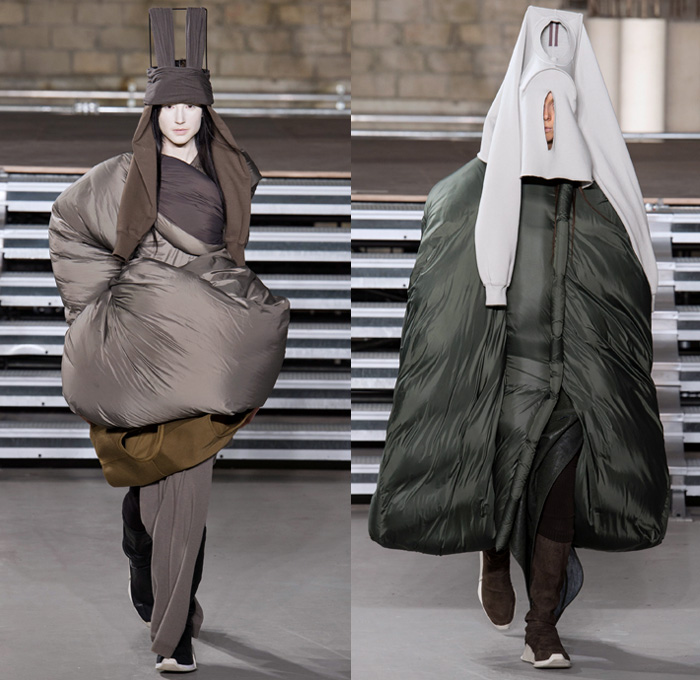 Rick Owens 2017-2018 Fall Autumn Winter Womens Runway Catwalk Looks - Mode à Paris Fashion Week Mode Féminin France - Sweater Jumper Pullover Sleeve Headwear Lantern Head Leather Wool Oversized Outerwear Overcoat Robe Kimono Wrap Tie Up Patchwork Colorblock One Shoulder Elongated Sleeves Drapery Deconstructed Organic Shape Sculptural Twisted Fleece Cocoon Frankenstein Shoulders Bloated Droopy Saggy Panel Duffel Bag Bulb Twist Pillow Quilted Waffle Puffer Down Coat Cape Blanket Cloak Above The Knee Suede Boots Skirt Frock Leg Warmers