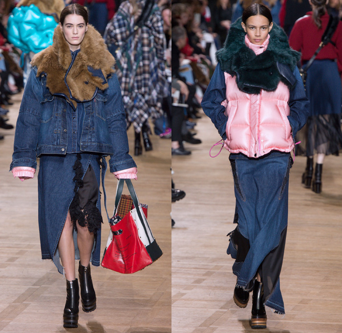 Sacai by Chitose Abe 2017-2018 Fall Autumn Winter Womens Runway Catwalk Looks - Mode à Paris Fashion Week Mode Féminin France - Denim Jeans Hybrid Combo Panels Zippers Shaggy Plush Fur Shearling Sheer Chiffon Tulle Lace Needlework Embroidery Flowers Floral Adorned Quilted Waffle Puffer Down Vest Outerwear Coat Parka Shirtdress Maxi Dress Cargo Pockets Velour Velvet Ruffles Fringes Chunky Knit Crochet Turtleneck Cardigan Sweater Tweed Wide Leg Trousers Palazzo Pants Sleepwear Pajamas Lounge Bomber Jacket Military Peacoat Plaid Tartan Houndstooth Check Poncho Cloak Zebra Stripes Sunglasses Earmuffs Strap Tote Box Handbag Boots