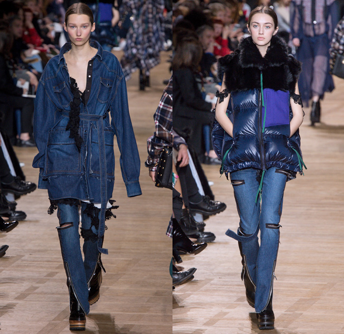 Sacai by Chitose Abe 2017-2018 Fall Autumn Winter Womens Runway Catwalk Looks - Mode à Paris Fashion Week Mode Féminin France - Denim Jeans Hybrid Combo Panels Zippers Shaggy Plush Fur Shearling Sheer Chiffon Tulle Lace Needlework Embroidery Flowers Floral Adorned Quilted Waffle Puffer Down Vest Outerwear Coat Parka Shirtdress Maxi Dress Cargo Pockets Velour Velvet Ruffles Fringes Chunky Knit Crochet Turtleneck Cardigan Sweater Tweed Wide Leg Trousers Palazzo Pants Sleepwear Pajamas Lounge Bomber Jacket Military Peacoat Plaid Tartan Houndstooth Check Poncho Cloak Zebra Stripes Sunglasses Earmuffs Strap Tote Box Handbag Boots