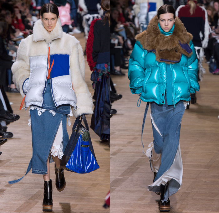Sacai by Chitose Abe 2017-2018 Fall Autumn Winter Womens Runway Catwalk Looks - Mode à Paris Fashion Week Mode Féminin France - Denim Jeans Hybrid Combo Panels Zippers Shaggy Plush Fur Shearling Sheer Chiffon Tulle Lace Needlework Embroidery Flowers Floral Adorned Quilted Waffle Puffer Down Vest Outerwear Coat Parka Shirtdress Maxi Dress Cargo Pockets Velour Velvet Ruffles Fringes Chunky Knit Crochet Turtleneck Cardigan Sweater Tweed Wide Leg Trousers Palazzo Pants Sleepwear Pajamas Lounge Bomber Jacket Military Peacoat Plaid Tartan Houndstooth Check Poncho Cloak Zebra Stripes Sunglasses Earmuffs Strap Tote Box Handbag Boots