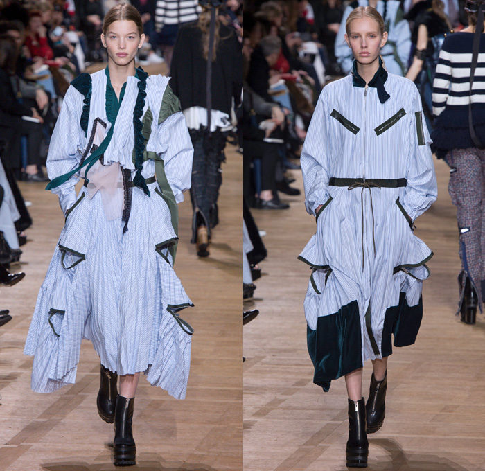 Sacai by Chitose Abe 2017-2018 Fall Autumn Winter Womens Runway Catwalk Looks - Mode à Paris Fashion Week Mode Féminin France - Denim Jeans Hybrid Combo Panels Zippers Shaggy Plush Fur Shearling Sheer Chiffon Tulle Lace Needlework Embroidery Flowers Floral Adorned Quilted Waffle Puffer Down Vest Outerwear Coat Parka Shirtdress Maxi Dress Cargo Pockets Velour Velvet Ruffles Fringes Chunky Knit Crochet Turtleneck Cardigan Sweater Tweed Wide Leg Trousers Palazzo Pants Sleepwear Pajamas Lounge Bomber Jacket Military Peacoat Plaid Tartan Houndstooth Check Poncho Cloak Zebra Stripes Sunglasses Earmuffs Strap Tote Box Handbag Boots