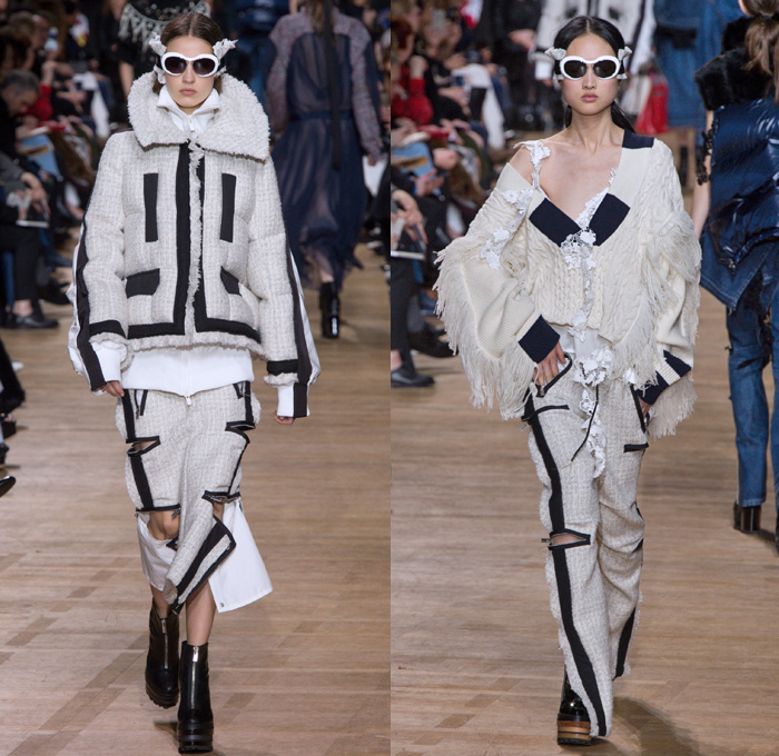 Sacai by Chitose Abe 2017-2018 Fall Autumn Winter Womens Runway Catwalk Looks - Mode à Paris Fashion Week Mode Féminin France - Denim Jeans Hybrid Combo Panels Zippers Shaggy Plush Fur Shearling Sheer Chiffon Tulle Lace Needlework Embroidery Flowers Floral Adorned Quilted Waffle Puffer Down Vest Outerwear Coat Parka Shirtdress Maxi Dress Cargo Pockets Velour Velvet Ruffles Fringes Chunky Knit Crochet Turtleneck Cardigan Sweater Tweed Wide Leg Trousers Palazzo Pants Sleepwear Pajamas Lounge Bomber Jacket Military Peacoat Plaid Tartan Houndstooth Check Poncho Cloak Zebra Stripes Sunglasses Earmuffs Strap Tote Box Handbag Boots