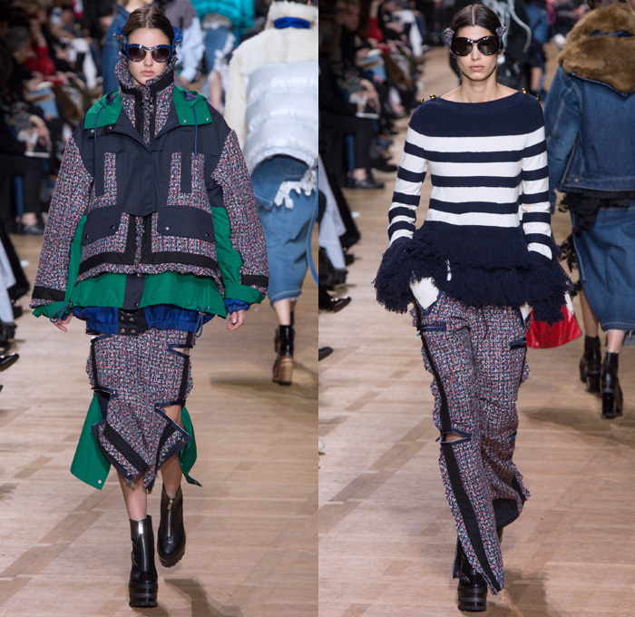 Sacai by Chitose Abe 2017-2018 Fall Autumn Winter Womens Runway Catwalk Looks - Mode à Paris Fashion Week Mode Féminin France - Denim Jeans Hybrid Combo Panels Zippers Shaggy Plush Fur Shearling Sheer Chiffon Tulle Lace Needlework Embroidery Flowers Floral Adorned Quilted Waffle Puffer Down Vest Outerwear Coat Parka Shirtdress Maxi Dress Cargo Pockets Velour Velvet Ruffles Fringes Chunky Knit Crochet Turtleneck Cardigan Sweater Tweed Wide Leg Trousers Palazzo Pants Sleepwear Pajamas Lounge Bomber Jacket Military Peacoat Plaid Tartan Houndstooth Check Poncho Cloak Zebra Stripes Sunglasses Earmuffs Strap Tote Box Handbag Boots