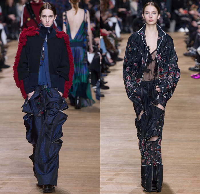 Sacai by Chitose Abe 2017-2018 Fall Autumn Winter Womens Runway Catwalk Looks - Mode à Paris Fashion Week Mode Féminin France - Denim Jeans Hybrid Combo Panels Zippers Shaggy Plush Fur Shearling Sheer Chiffon Tulle Lace Needlework Embroidery Flowers Floral Adorned Quilted Waffle Puffer Down Vest Outerwear Coat Parka Shirtdress Maxi Dress Cargo Pockets Velour Velvet Ruffles Fringes Chunky Knit Crochet Turtleneck Cardigan Sweater Tweed Wide Leg Trousers Palazzo Pants Sleepwear Pajamas Lounge Bomber Jacket Military Peacoat Plaid Tartan Houndstooth Check Poncho Cloak Zebra Stripes Sunglasses Earmuffs Strap Tote Box Handbag Boots