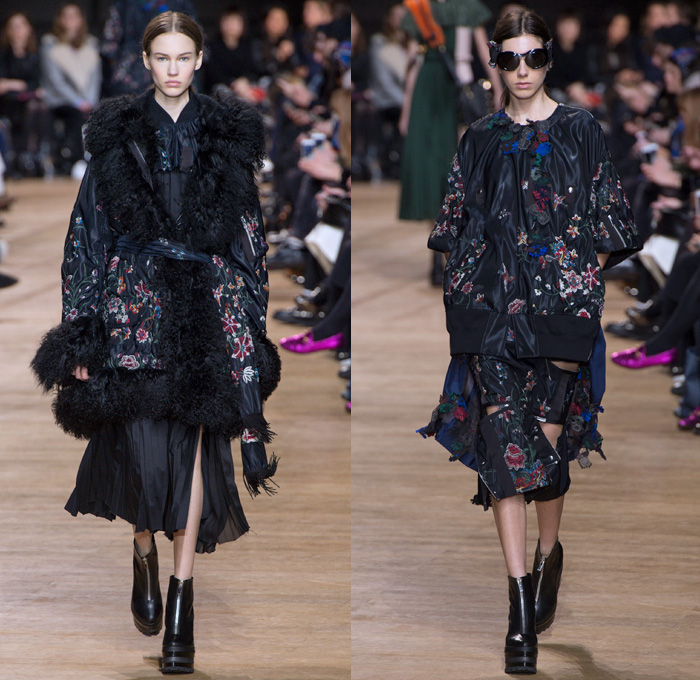 Sacai by Chitose Abe 2017-2018 Fall Autumn Winter Womens Runway Catwalk Looks - Mode à Paris Fashion Week Mode Féminin France - Denim Jeans Hybrid Combo Panels Zippers Shaggy Plush Fur Shearling Sheer Chiffon Tulle Lace Needlework Embroidery Flowers Floral Adorned Quilted Waffle Puffer Down Vest Outerwear Coat Parka Shirtdress Maxi Dress Cargo Pockets Velour Velvet Ruffles Fringes Chunky Knit Crochet Turtleneck Cardigan Sweater Tweed Wide Leg Trousers Palazzo Pants Sleepwear Pajamas Lounge Bomber Jacket Military Peacoat Plaid Tartan Houndstooth Check Poncho Cloak Zebra Stripes Sunglasses Earmuffs Strap Tote Box Handbag Boots