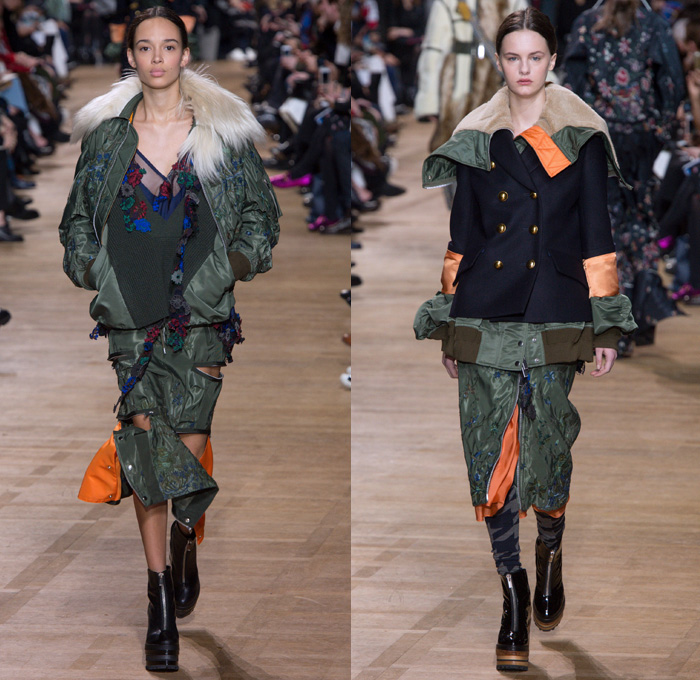 Sacai by Chitose Abe 2017-2018 Fall Autumn Winter Womens Runway Catwalk Looks - Mode à Paris Fashion Week Mode Féminin France - Denim Jeans Hybrid Combo Panels Zippers Shaggy Plush Fur Shearling Sheer Chiffon Tulle Lace Needlework Embroidery Flowers Floral Adorned Quilted Waffle Puffer Down Vest Outerwear Coat Parka Shirtdress Maxi Dress Cargo Pockets Velour Velvet Ruffles Fringes Chunky Knit Crochet Turtleneck Cardigan Sweater Tweed Wide Leg Trousers Palazzo Pants Sleepwear Pajamas Lounge Bomber Jacket Military Peacoat Plaid Tartan Houndstooth Check Poncho Cloak Zebra Stripes Sunglasses Earmuffs Strap Tote Box Handbag Boots