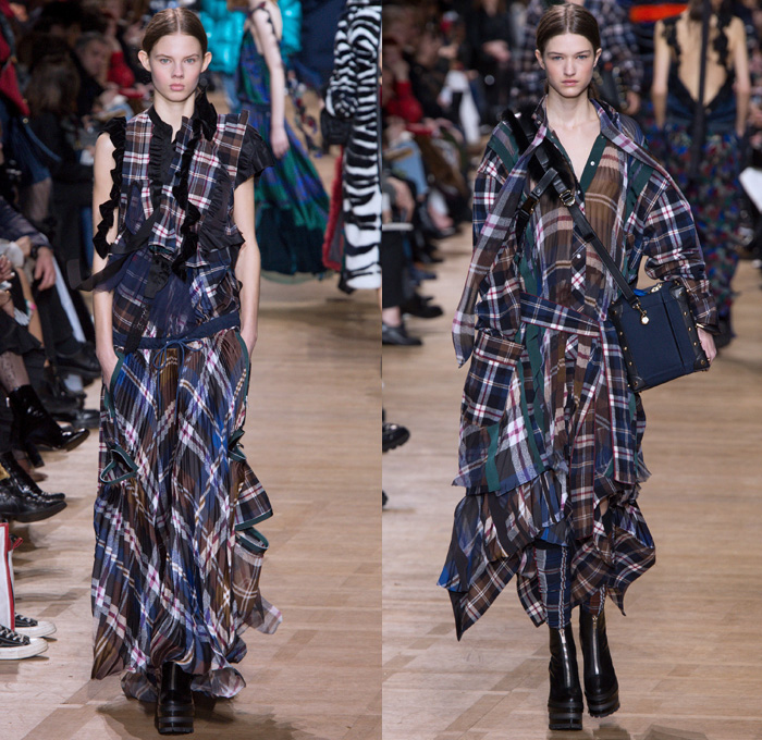 Sacai by Chitose Abe 2017-2018 Fall Autumn Winter Womens Runway Catwalk Looks - Mode à Paris Fashion Week Mode Féminin France - Denim Jeans Hybrid Combo Panels Zippers Shaggy Plush Fur Shearling Sheer Chiffon Tulle Lace Needlework Embroidery Flowers Floral Adorned Quilted Waffle Puffer Down Vest Outerwear Coat Parka Shirtdress Maxi Dress Cargo Pockets Velour Velvet Ruffles Fringes Chunky Knit Crochet Turtleneck Cardigan Sweater Tweed Wide Leg Trousers Palazzo Pants Sleepwear Pajamas Lounge Bomber Jacket Military Peacoat Plaid Tartan Houndstooth Check Poncho Cloak Zebra Stripes Sunglasses Earmuffs Strap Tote Box Handbag Boots