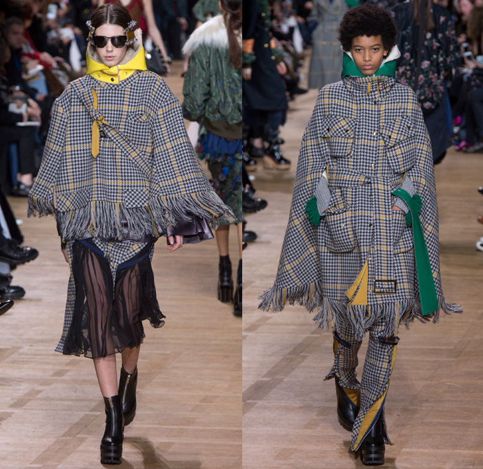 Sacai by Chitose Abe 2017-2018 Fall Autumn Winter Womens Runway Catwalk Looks - Mode à Paris Fashion Week Mode Féminin France - Denim Jeans Hybrid Combo Panels Zippers Shaggy Plush Fur Shearling Sheer Chiffon Tulle Lace Needlework Embroidery Flowers Floral Adorned Quilted Waffle Puffer Down Vest Outerwear Coat Parka Shirtdress Maxi Dress Cargo Pockets Velour Velvet Ruffles Fringes Chunky Knit Crochet Turtleneck Cardigan Sweater Tweed Wide Leg Trousers Palazzo Pants Sleepwear Pajamas Lounge Bomber Jacket Military Peacoat Plaid Tartan Houndstooth Check Poncho Cloak Zebra Stripes Sunglasses Earmuffs Strap Tote Box Handbag Boots