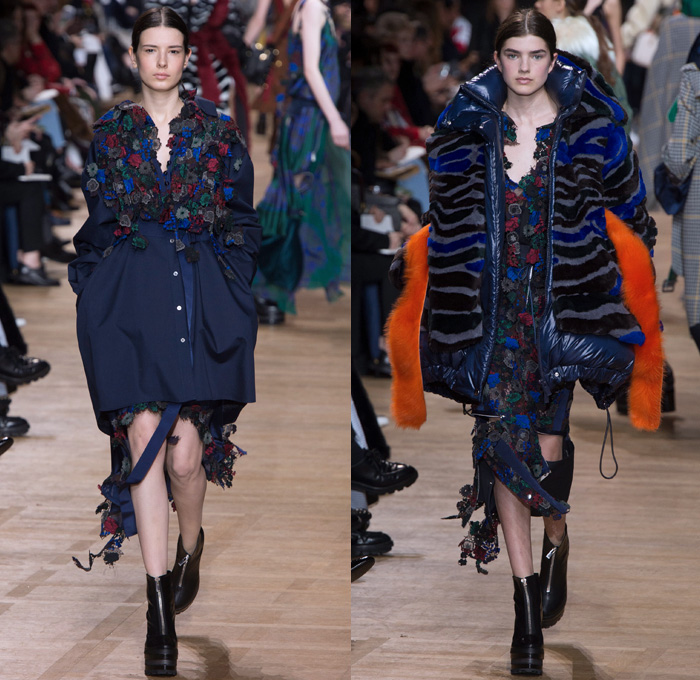 Sacai by Chitose Abe 2017-2018 Fall Autumn Winter Womens Runway Catwalk Looks - Mode à Paris Fashion Week Mode Féminin France - Denim Jeans Hybrid Combo Panels Zippers Shaggy Plush Fur Shearling Sheer Chiffon Tulle Lace Needlework Embroidery Flowers Floral Adorned Quilted Waffle Puffer Down Vest Outerwear Coat Parka Shirtdress Maxi Dress Cargo Pockets Velour Velvet Ruffles Fringes Chunky Knit Crochet Turtleneck Cardigan Sweater Tweed Wide Leg Trousers Palazzo Pants Sleepwear Pajamas Lounge Bomber Jacket Military Peacoat Plaid Tartan Houndstooth Check Poncho Cloak Zebra Stripes Sunglasses Earmuffs Strap Tote Box Handbag Boots