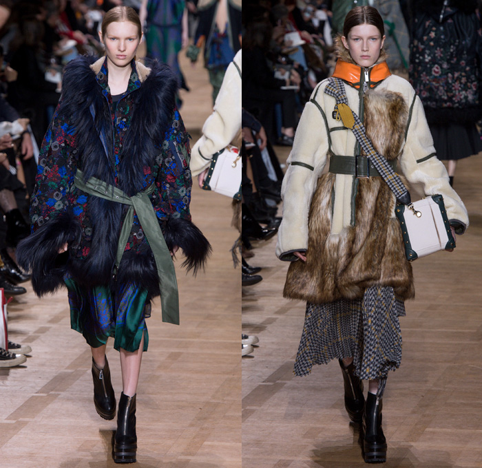 Sacai by Chitose Abe 2017-2018 Fall Autumn Winter Womens Runway Catwalk Looks - Mode à Paris Fashion Week Mode Féminin France - Denim Jeans Hybrid Combo Panels Zippers Shaggy Plush Fur Shearling Sheer Chiffon Tulle Lace Needlework Embroidery Flowers Floral Adorned Quilted Waffle Puffer Down Vest Outerwear Coat Parka Shirtdress Maxi Dress Cargo Pockets Velour Velvet Ruffles Fringes Chunky Knit Crochet Turtleneck Cardigan Sweater Tweed Wide Leg Trousers Palazzo Pants Sleepwear Pajamas Lounge Bomber Jacket Military Peacoat Plaid Tartan Houndstooth Check Poncho Cloak Zebra Stripes Sunglasses Earmuffs Strap Tote Box Handbag Boots