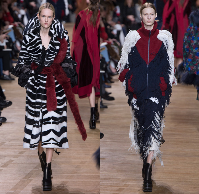 Sacai by Chitose Abe 2017-2018 Fall Autumn Winter Womens Runway Catwalk Looks - Mode à Paris Fashion Week Mode Féminin France - Denim Jeans Hybrid Combo Panels Zippers Shaggy Plush Fur Shearling Sheer Chiffon Tulle Lace Needlework Embroidery Flowers Floral Adorned Quilted Waffle Puffer Down Vest Outerwear Coat Parka Shirtdress Maxi Dress Cargo Pockets Velour Velvet Ruffles Fringes Chunky Knit Crochet Turtleneck Cardigan Sweater Tweed Wide Leg Trousers Palazzo Pants Sleepwear Pajamas Lounge Bomber Jacket Military Peacoat Plaid Tartan Houndstooth Check Poncho Cloak Zebra Stripes Sunglasses Earmuffs Strap Tote Box Handbag Boots