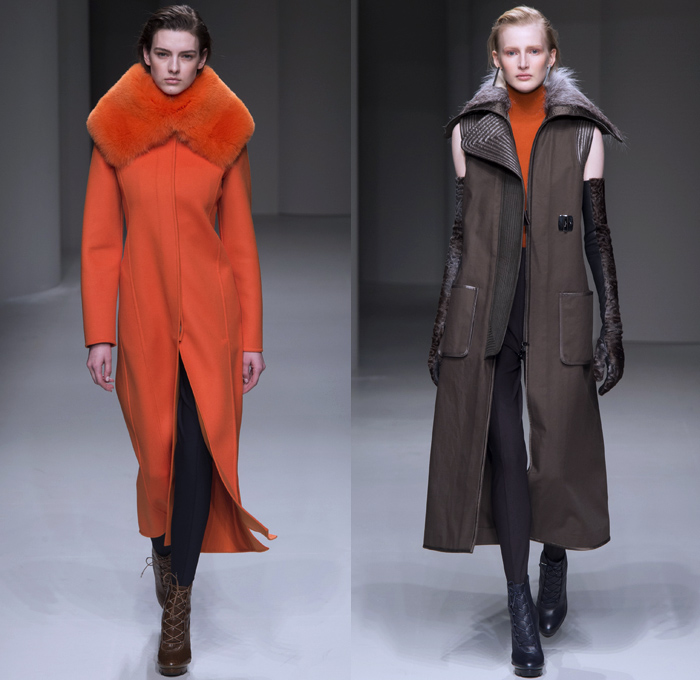 Salvatore Ferragamo 2017-2018 Fall Autumn Winter Womens Runway Catwalk Looks - Milano Moda Donna Collezione Milan Fashion Week Italy - Minimalist Outerwear Overcoat Coatdress Shaggy Plush Mink Fur Leather Sleeveless Vest Circular Sculptural Round Collar Tweed Jacket Blazer Turtleneck Knit Sweaterdress Jumper Quilted Waffle Puffer Down Parka Wide Lapel Suede Velour Velvet Sheer Silk Animal Tiger Stripes Leopard Cheetah Spots Capelet Elongated Sleeves Nipped Waist Gown Eveningwear Cocktail Maxi Dress Shawl Peel Away Noodle Strap Strap Brocade Jacquard Mix Match Mash Up Patterns Paper Bag Waist Office Businesswear Crocodile Clutch Purse Bag Arm Warmers Lace Up Boots Colored Sunglasses Wide Belt Tote Doctor's Bag