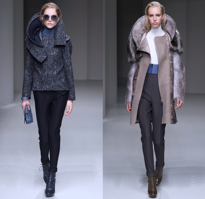 Salvatore Ferragamo 2017-2018 Fall Autumn Winter Womens Runway Catwalk Looks - Milano Moda Donna Collezione Milan Fashion Week Italy - Minimalist Outerwear Overcoat Coatdress Shaggy Plush Mink Fur Leather Sleeveless Vest Circular Sculptural Round Collar Tweed Jacket Blazer Turtleneck Knit Sweaterdress Jumper Quilted Waffle Puffer Down Parka Wide Lapel Suede Velour Velvet Sheer Silk Animal Tiger Stripes Leopard Cheetah Spots Capelet Elongated Sleeves Nipped Waist Gown Eveningwear Cocktail Maxi Dress Shawl Peel Away Noodle Strap Strap Brocade Jacquard Mix Match Mash Up Patterns Paper Bag Waist Office Businesswear Crocodile Clutch Purse Bag Arm Warmers Lace Up Boots Colored Sunglasses Wide Belt Tote Doctor's Bag