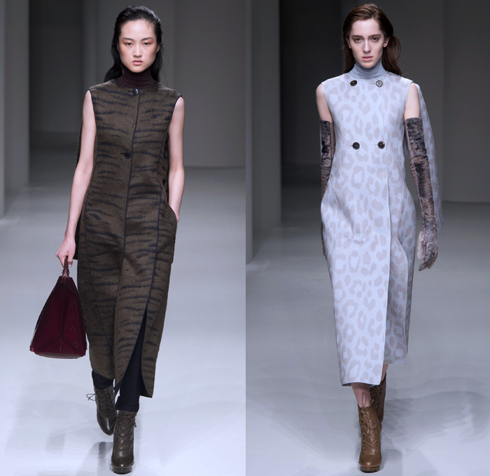 Salvatore Ferragamo 2017-2018 Fall Autumn Winter Womens Runway Catwalk Looks - Milano Moda Donna Collezione Milan Fashion Week Italy - Minimalist Outerwear Overcoat Coatdress Shaggy Plush Mink Fur Leather Sleeveless Vest Circular Sculptural Round Collar Tweed Jacket Blazer Turtleneck Knit Sweaterdress Jumper Quilted Waffle Puffer Down Parka Wide Lapel Suede Velour Velvet Sheer Silk Animal Tiger Stripes Leopard Cheetah Spots Capelet Elongated Sleeves Nipped Waist Gown Eveningwear Cocktail Maxi Dress Shawl Peel Away Noodle Strap Strap Brocade Jacquard Mix Match Mash Up Patterns Paper Bag Waist Office Businesswear Crocodile Clutch Purse Bag Arm Warmers Lace Up Boots Colored Sunglasses Wide Belt Tote Doctor's Bag