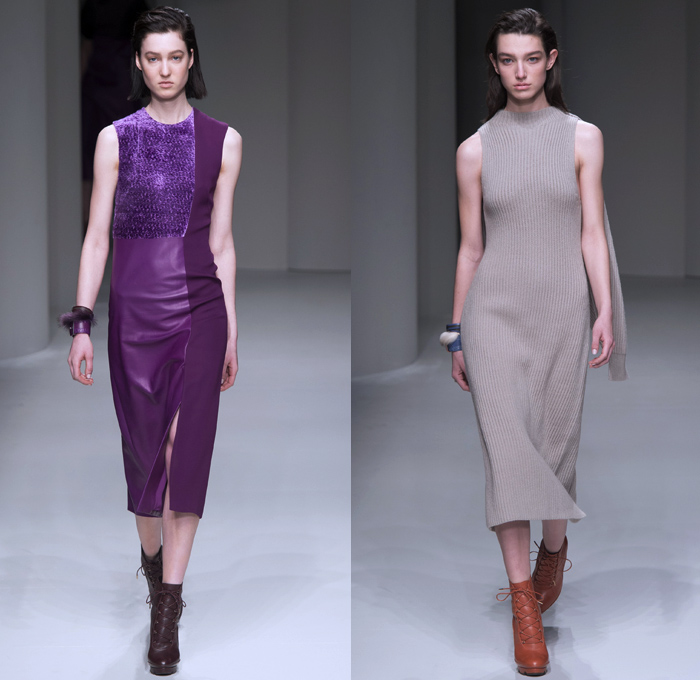 Salvatore Ferragamo 2017-2018 Fall Autumn Winter Womens Runway Catwalk Looks - Milano Moda Donna Collezione Milan Fashion Week Italy - Minimalist Outerwear Overcoat Coatdress Shaggy Plush Mink Fur Leather Sleeveless Vest Circular Sculptural Round Collar Tweed Jacket Blazer Turtleneck Knit Sweaterdress Jumper Quilted Waffle Puffer Down Parka Wide Lapel Suede Velour Velvet Sheer Silk Animal Tiger Stripes Leopard Cheetah Spots Capelet Elongated Sleeves Nipped Waist Gown Eveningwear Cocktail Maxi Dress Shawl Peel Away Noodle Strap Strap Brocade Jacquard Mix Match Mash Up Patterns Paper Bag Waist Office Businesswear Crocodile Clutch Purse Bag Arm Warmers Lace Up Boots Colored Sunglasses Wide Belt Tote Doctor's Bag