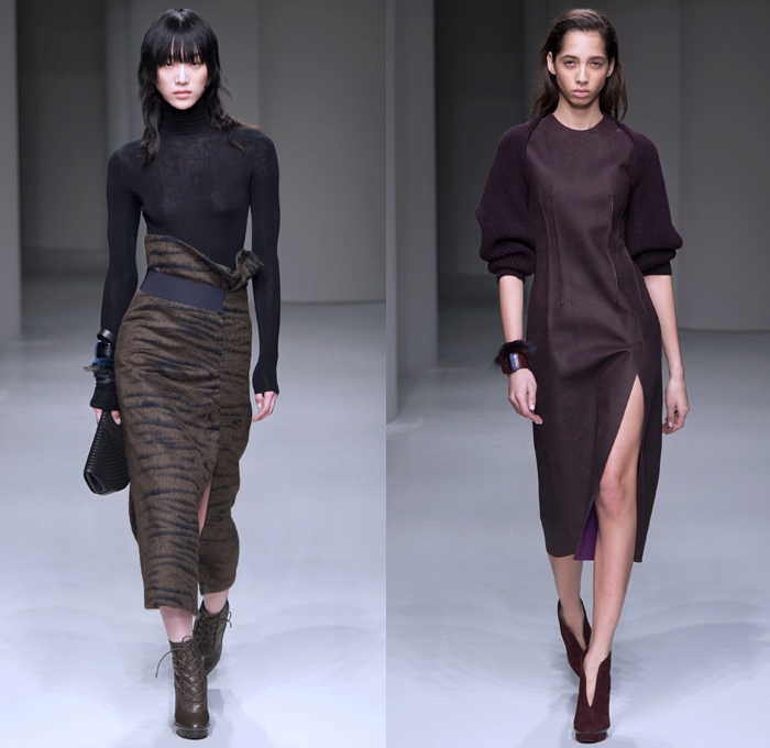 Salvatore Ferragamo 2017-2018 Fall Autumn Winter Womens Runway Catwalk Looks - Milano Moda Donna Collezione Milan Fashion Week Italy - Minimalist Outerwear Overcoat Coatdress Shaggy Plush Mink Fur Leather Sleeveless Vest Circular Sculptural Round Collar Tweed Jacket Blazer Turtleneck Knit Sweaterdress Jumper Quilted Waffle Puffer Down Parka Wide Lapel Suede Velour Velvet Sheer Silk Animal Tiger Stripes Leopard Cheetah Spots Capelet Elongated Sleeves Nipped Waist Gown Eveningwear Cocktail Maxi Dress Shawl Peel Away Noodle Strap Strap Brocade Jacquard Mix Match Mash Up Patterns Paper Bag Waist Office Businesswear Crocodile Clutch Purse Bag Arm Warmers Lace Up Boots Colored Sunglasses Wide Belt Tote Doctor's Bag