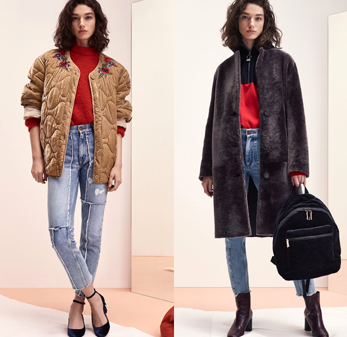 Sandro 2017-2018 Fall Autumn Winter Womens Lookbook Presentation - Mode à Paris Fashion Week Mode Féminin France - Denim Jeans Patchwork Frayed Raw Hem Destroyed Destructed Skinny Outerwear Coat Plush Fur Shearling Quilted Waffle Puffer Down Bomber Marching Band Bandleader Drum Corps Jacket Knit Sweater Sweatshirt Turtleneck Blazer Cardigan Flowers Floral Motif Plaid Tartan Check Miniskirt Leather Stockings Tights Hosiery Cropped Pants Long Sleeve Shirt Blouse Stripes Corduroy Ruffles Zigzag Pattern Pleats Dress Lace Embroidery Velour Velvet Onesie Jumpsuit Coveralls Dungarees Sheer Chiffon Backpack Boots Oxfords Minibag Purse 