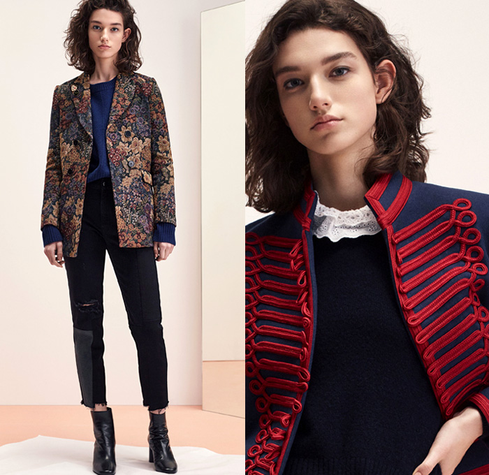 Sandro 2017-2018 Fall Autumn Winter Womens Lookbook Presentation - Mode à Paris Fashion Week Mode Féminin France - Denim Jeans Patchwork Frayed Raw Hem Destroyed Destructed Skinny Outerwear Coat Plush Fur Shearling Quilted Waffle Puffer Down Bomber Marching Band Bandleader Drum Corps Jacket Knit Sweater Sweatshirt Turtleneck Blazer Cardigan Flowers Floral Motif Plaid Tartan Check Miniskirt Leather Stockings Tights Hosiery Cropped Pants Long Sleeve Shirt Blouse Stripes Corduroy Ruffles Zigzag Pattern Pleats Dress Lace Embroidery Velour Velvet Onesie Jumpsuit Coveralls Dungarees Sheer Chiffon Backpack Boots Oxfords Minibag Purse 