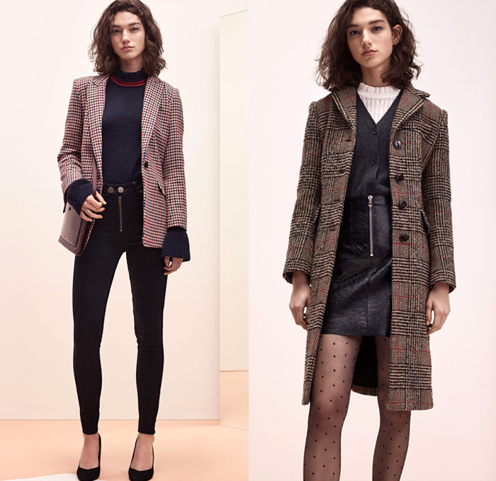 Sandro 2017-2018 Fall Autumn Winter Womens Lookbook Presentation - Mode à Paris Fashion Week Mode Féminin France - Denim Jeans Patchwork Frayed Raw Hem Destroyed Destructed Skinny Outerwear Coat Plush Fur Shearling Quilted Waffle Puffer Down Bomber Marching Band Bandleader Drum Corps Jacket Knit Sweater Sweatshirt Turtleneck Blazer Cardigan Flowers Floral Motif Plaid Tartan Check Miniskirt Leather Stockings Tights Hosiery Cropped Pants Long Sleeve Shirt Blouse Stripes Corduroy Ruffles Zigzag Pattern Pleats Dress Lace Embroidery Velour Velvet Onesie Jumpsuit Coveralls Dungarees Sheer Chiffon Backpack Boots Oxfords Minibag Purse 