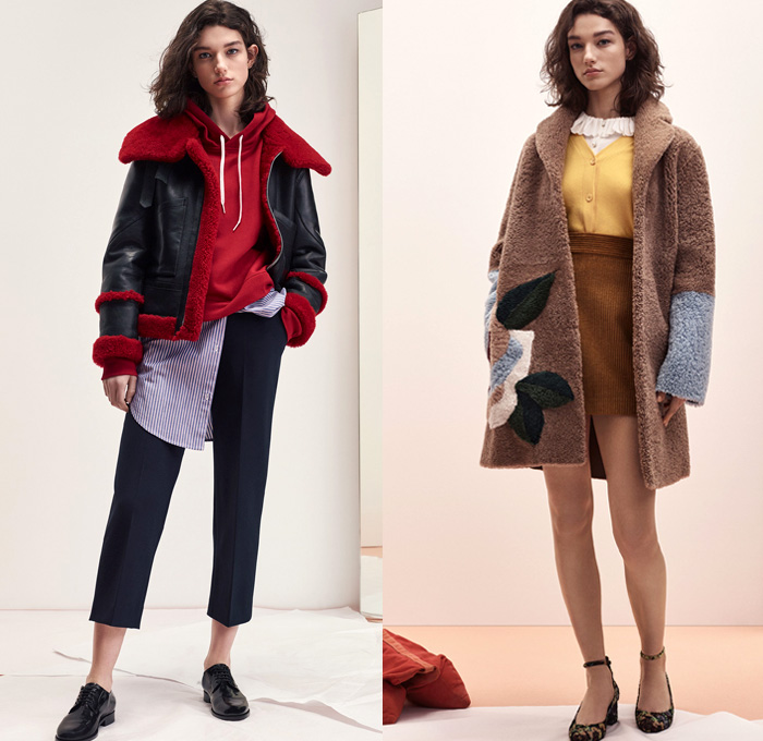 Sandro 2017-2018 Fall Autumn Winter Womens Lookbook Presentation - Mode à Paris Fashion Week Mode Féminin France - Denim Jeans Patchwork Frayed Raw Hem Destroyed Destructed Skinny Outerwear Coat Plush Fur Shearling Quilted Waffle Puffer Down Bomber Marching Band Bandleader Drum Corps Jacket Knit Sweater Sweatshirt Turtleneck Blazer Cardigan Flowers Floral Motif Plaid Tartan Check Miniskirt Leather Stockings Tights Hosiery Cropped Pants Long Sleeve Shirt Blouse Stripes Corduroy Ruffles Zigzag Pattern Pleats Dress Lace Embroidery Velour Velvet Onesie Jumpsuit Coveralls Dungarees Sheer Chiffon Backpack Boots Oxfords Minibag Purse 