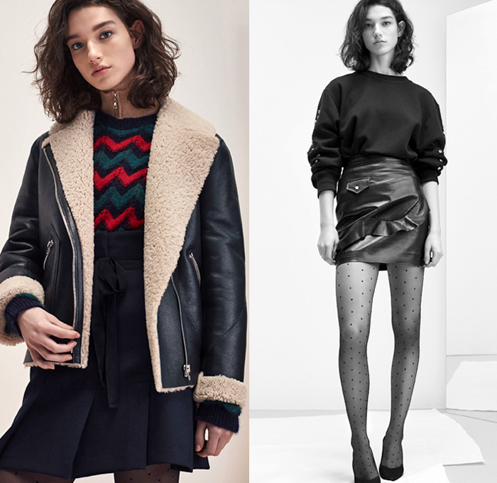 Sandro 2017-2018 Fall Autumn Winter Womens Lookbook Presentation - Mode à Paris Fashion Week Mode Féminin France - Denim Jeans Patchwork Frayed Raw Hem Destroyed Destructed Skinny Outerwear Coat Plush Fur Shearling Quilted Waffle Puffer Down Bomber Marching Band Bandleader Drum Corps Jacket Knit Sweater Sweatshirt Turtleneck Blazer Cardigan Flowers Floral Motif Plaid Tartan Check Miniskirt Leather Stockings Tights Hosiery Cropped Pants Long Sleeve Shirt Blouse Stripes Corduroy Ruffles Zigzag Pattern Pleats Dress Lace Embroidery Velour Velvet Onesie Jumpsuit Coveralls Dungarees Sheer Chiffon Backpack Boots Oxfords Minibag Purse 