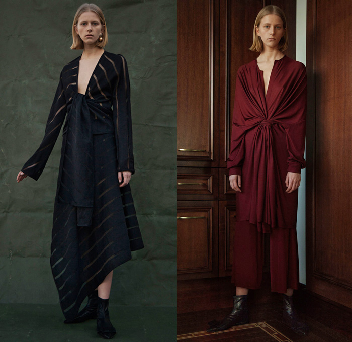 Sid Neigum 2017-2018 Fall Autumn Winter Womens Lookbook Presentation - London Fashion Week Collections England UK United Kingdom - Outerwear Coat Burnished Gold Velvet Circular Spherical Structural Maxi Dress Accordion Pleats Organic Shape Wrap Kimono Tunic Blouse Tied Up Knot Cinch Peplum Ruffles Sheer Chiffon Straps Drawstring Stripes One Shoulder Drapery Elongated Sleeves Wool Wide Lapel Shoes Footwear Wrapped Bow Flats Black Asymmetrical Hem Cropped Wide Leg Trousers Palazzo Pants Skirt Frock